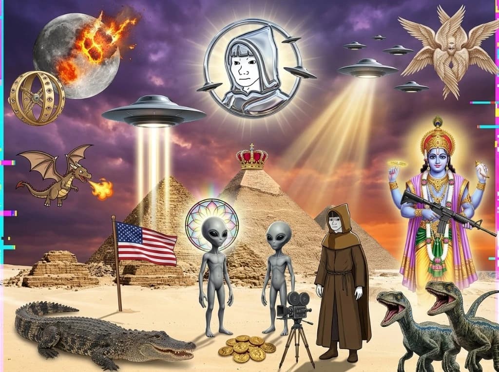 Alien-disclosure conspiracy collage with a hooded figure standing on the desert sand as the prophet beside the gray aliens, the same character's face also engraved into a chrome sky emblem floating above the pyramids — stormy purple-and-orange sky, exploding moon, biblically accurate seraphim in the upper corners, UFO saucers shooting tractor beams, dragon, alligator, raptors, hindu deity holding a rifle, American flag, with a jeweled crown perched on a pyramid peak and a vintage movie camera on a tripod as chaos extras