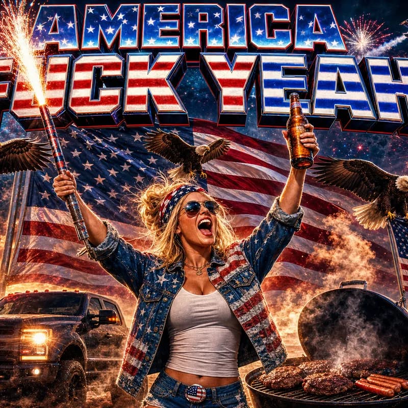 Example America Fuck Yeah edit — woman with sparkler and beer, three eagles, BBQ grill, F-16 echelon, giant American flag, and chrome caption