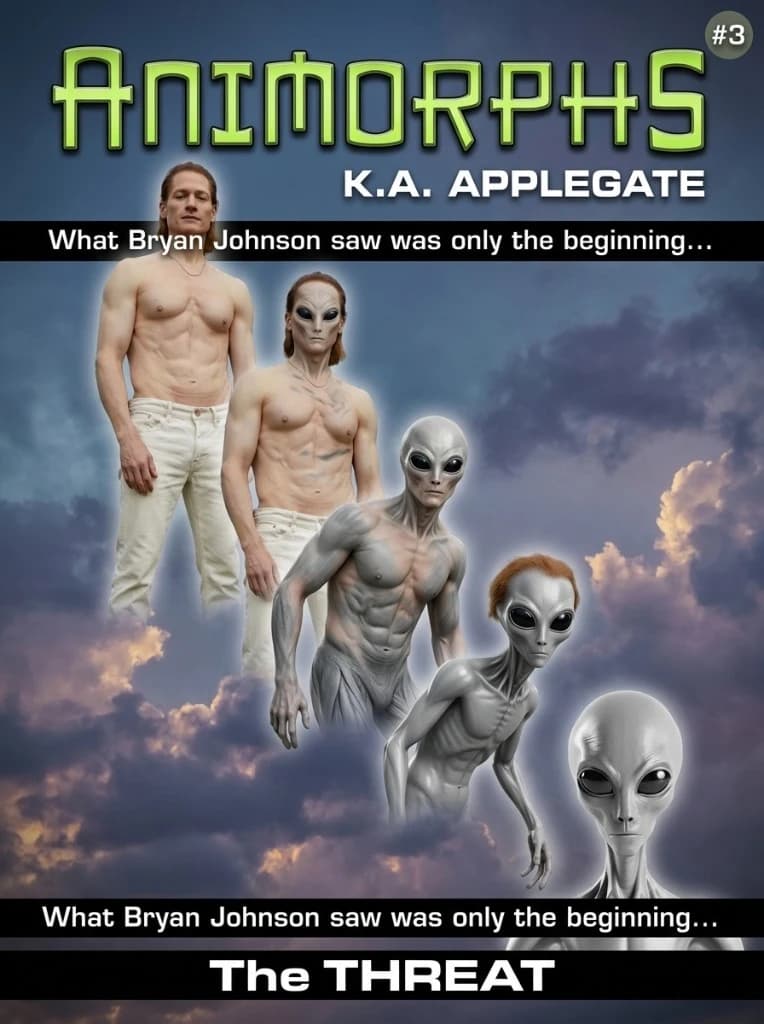 Animorphs Book Cover #3 result — 5-stage morph column showing Bryan Johnson transforming into a grey alien against a soft pink-and-purple cumulus dusk sky, ANIMORPHS wordmark in glossy acid green, K.A. APPLEGATE byline, black tagline bar reading 'What Bryan Johnson saw was only the beginning...', and a 'The Threat' title bar