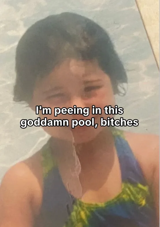A throwback childhood photo turned into a relatable meme with a bold TikTok-style AI caption over the picture