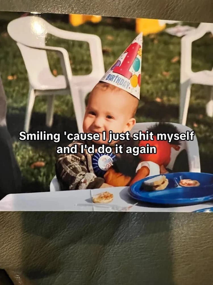 A baby photo turned into a nostalgic meme with a custom bold TikTok-style AI caption based on the scene