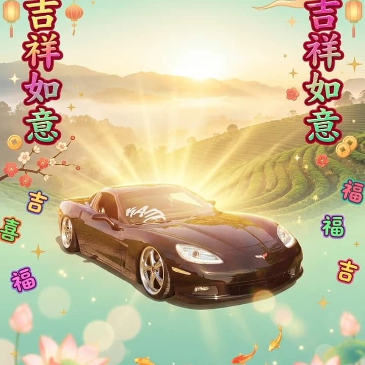 Black Corvette chinesemaxxed into a 長輩圖 greeting card with sunrise tea-hill backdrop, lotus, koi, and 吉祥如意 hanzi columns