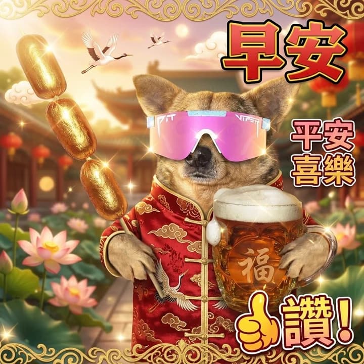 Chihuahua in a red silk Tang jacket holding a beer with corn-dog skewer, cranes, lotus, and 早安 / 平安喜樂 hanzi