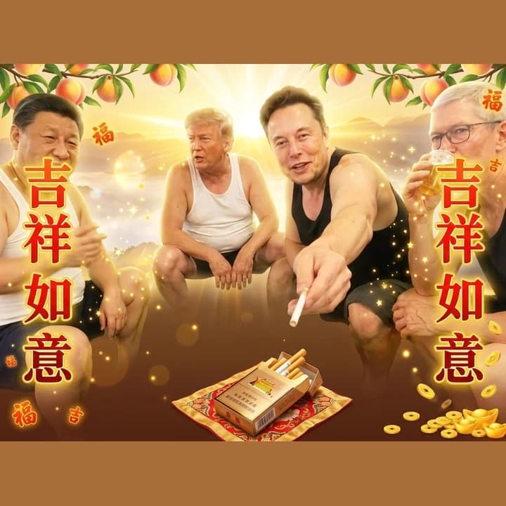 Xi, Trump, Musk, and Cook chinesemaxxed in tank tops over a sunrise mountain backdrop with peach branches, gold ingots, and a Chinese cigarette pack