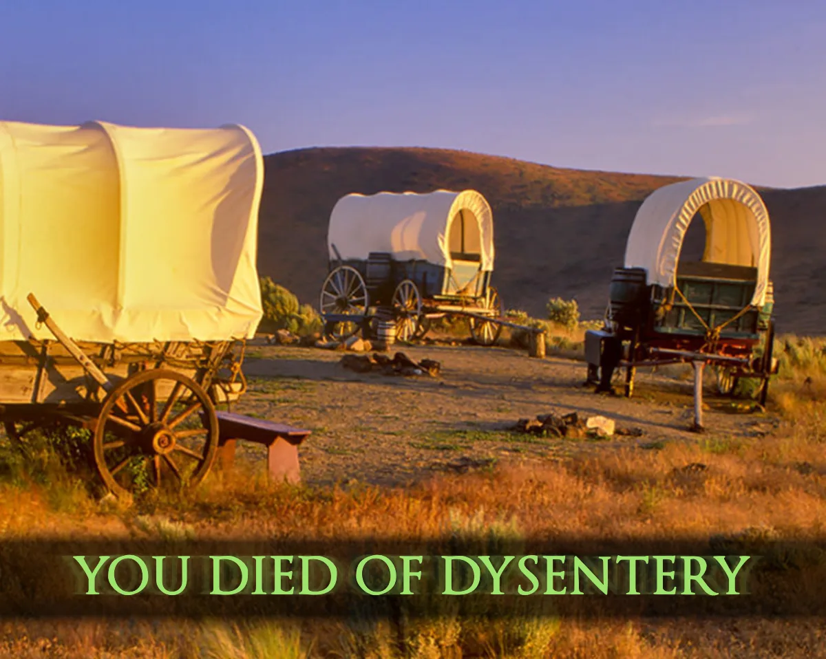 Dark Souls text effect example reading You Died Of Dysentery over an Oregon Trail wagons screenshot