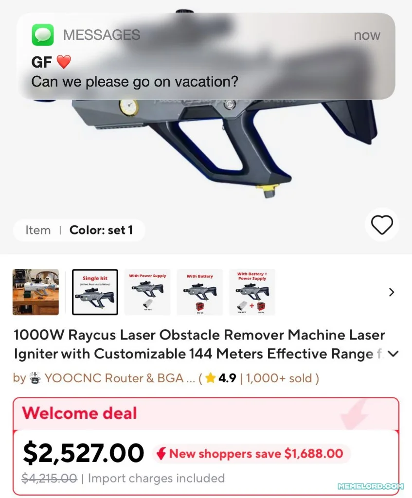 GF asking 'Can we please go on vacation?' over a $2,527 industrial laser product listing