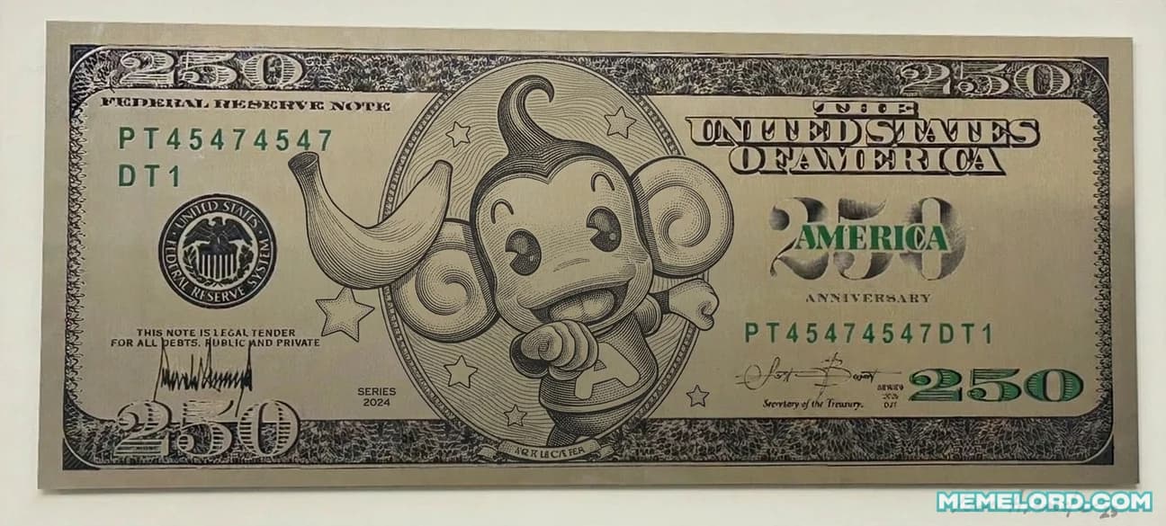 Novelty 250 dollar bill example with a cartoon monkey mascot holding a banana