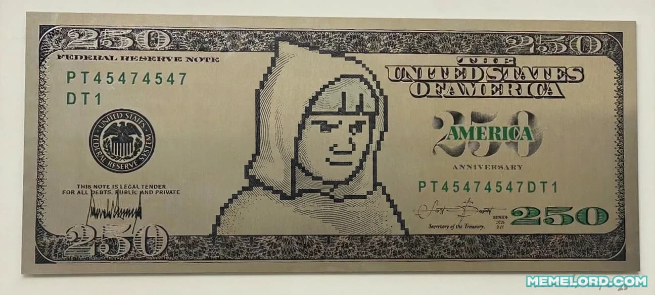 Novelty 250 dollar bill example with a pixel art character portrait