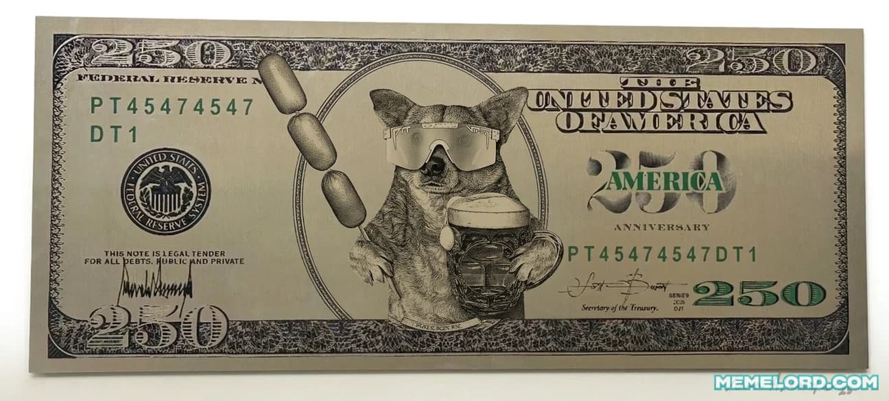 Novelty 250 dollar bill example with a dog holding a beer and corn dog