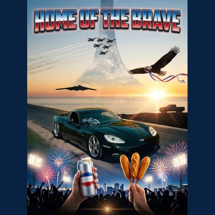 Black Corvette usamaxxed with Home Of The Brave chrome title card, Halo ring, F-16 echelon, B-2 bomber, eagle with red-white-blue ribbon, sunset over water, beer can, and corn-dog skewer
