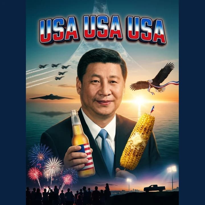 Xi Jinping usamaxxed with USA USA USA chrome title card, Halo ring, F-16 echelon, B-2 bomber, eagle with red-white-blue ribbon, sunset over water, longneck beer, and grilled corn on the cob