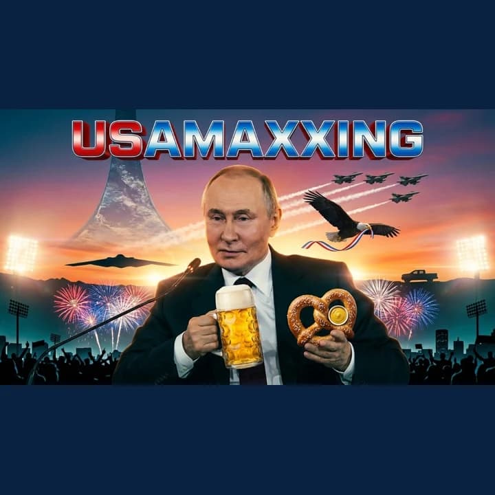 Putin usamaxxed with USAMAXXING chrome title card, Halo ring, F-16 echelon, eagle with red-white-blue ribbon, fireworks crowd, beer stein, and giant pretzel with mustard