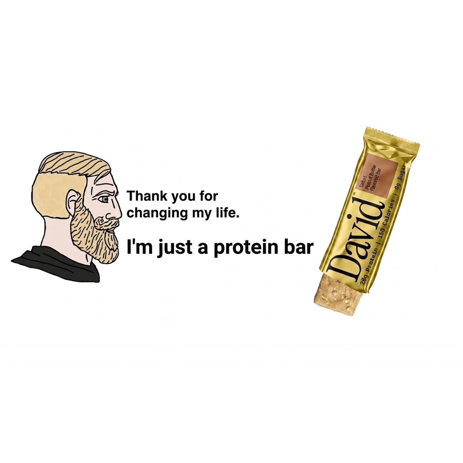 David protein brand meme ad example