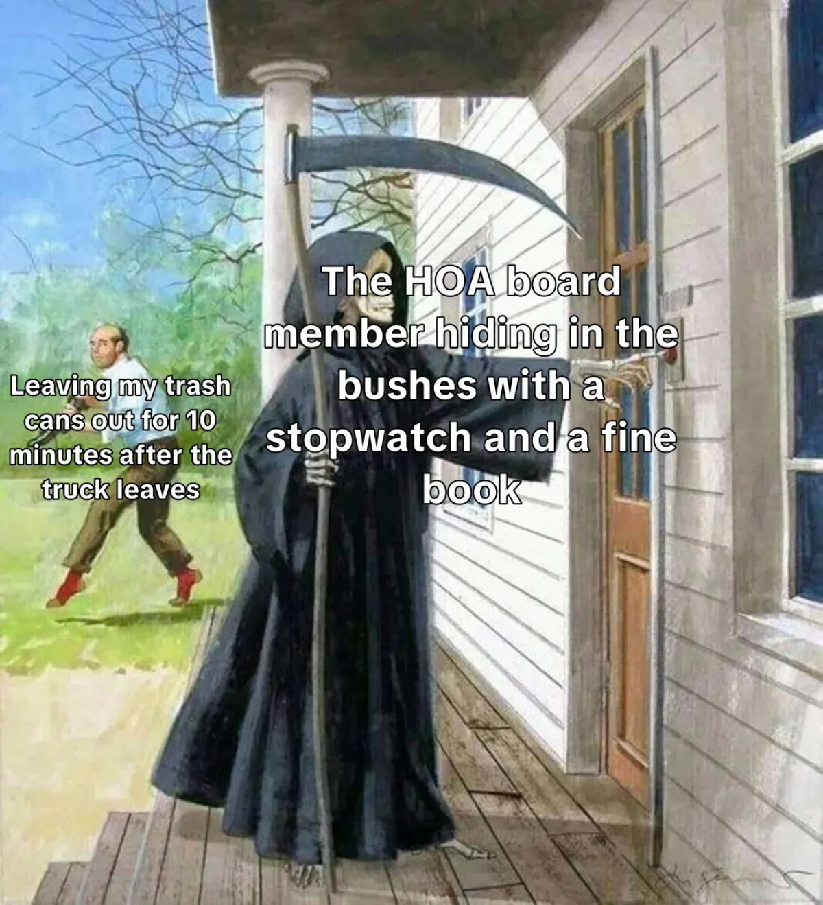 HOA trash can stopwatch meme from a recurring neighborhood mission