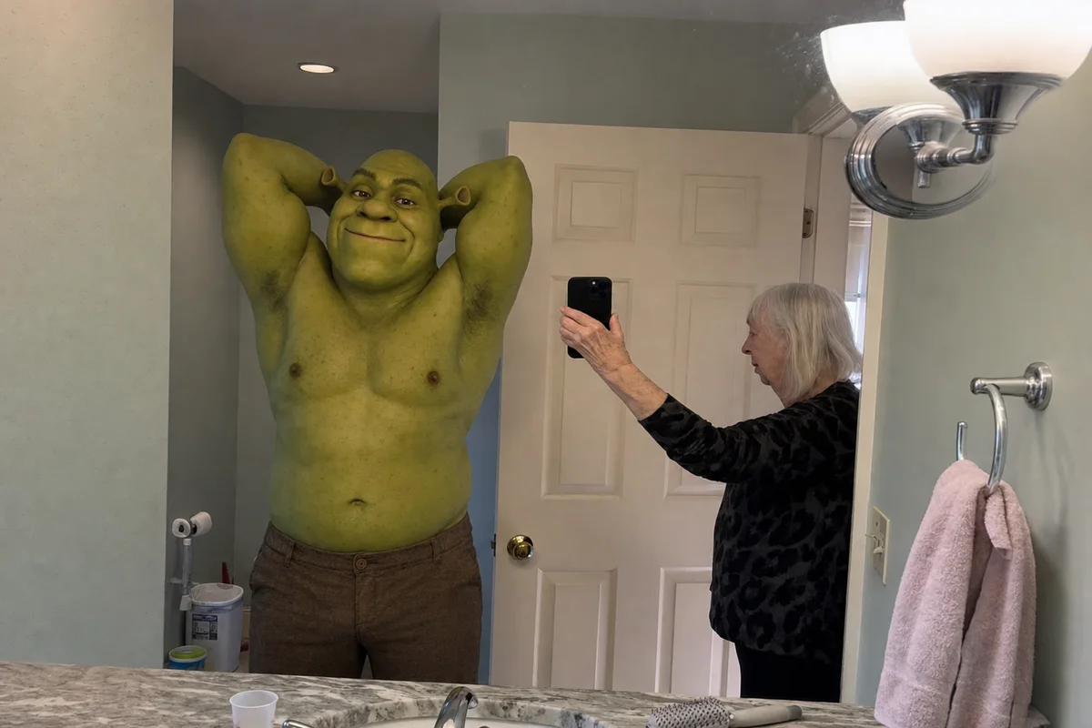 Shrek as a mog meme with Grandma taking the mirror pic