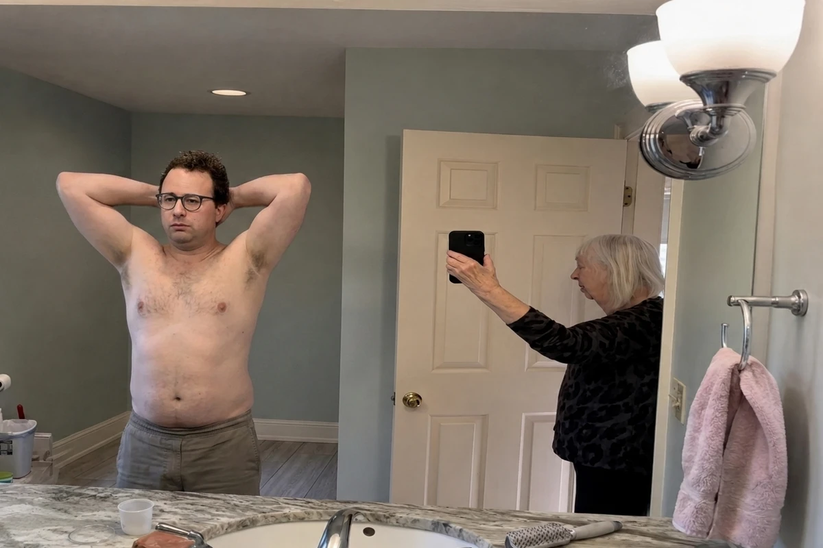 Dario Amodei as a mog meme with Grandma taking the mirror pic