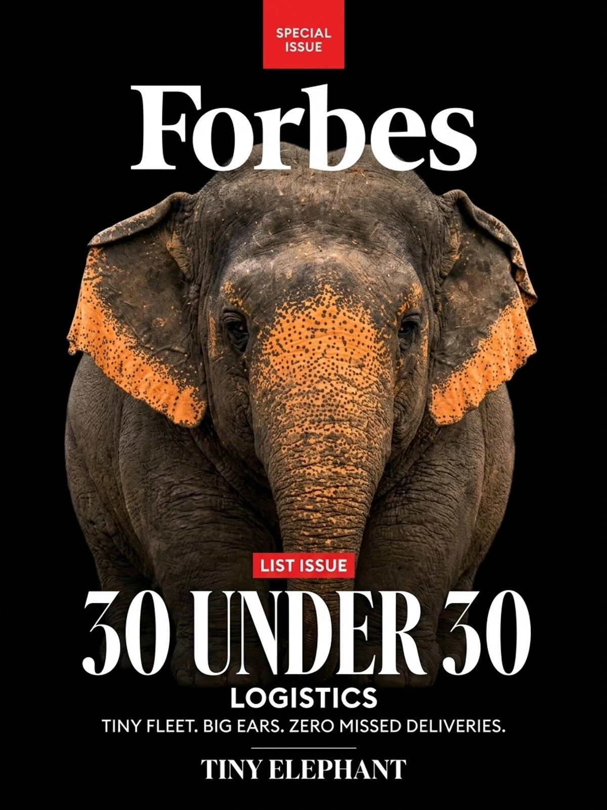 Generated Forbes-style 30 Under 30 cover example labeled Tiny Elephant