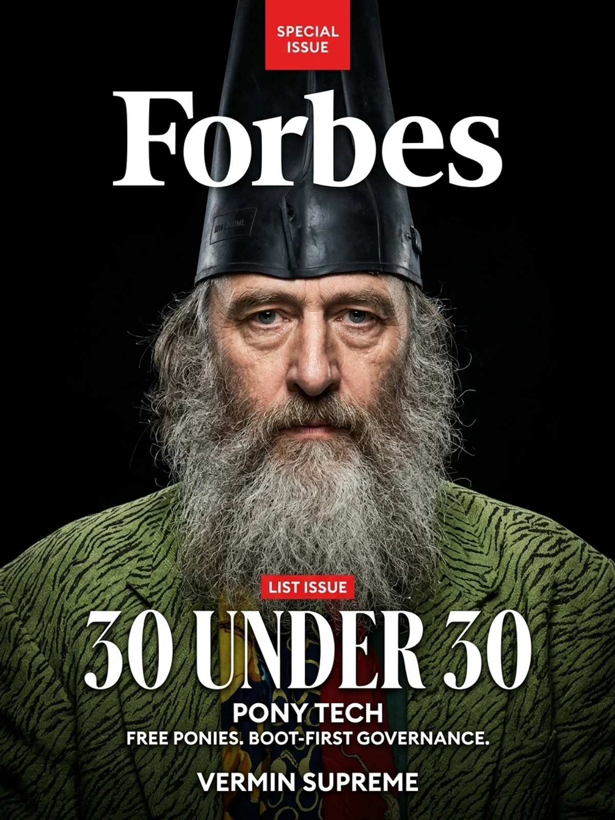 Generated Forbes-style 30 Under 30 cover example featuring Vermin Supreme