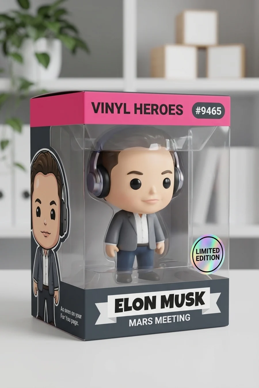 Elon Musk face transformed into a parody vinyl figure retail box with navy packaging, front window, side character art, and collector number