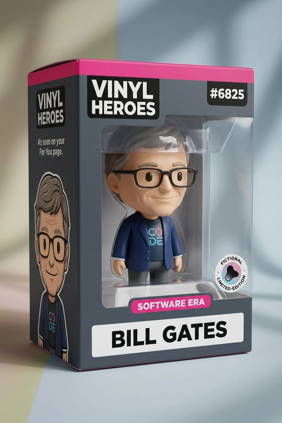 Bill Gates face transformed into a parody vinyl figure retail box with dark packaging, glasses, front window, and collector sticker