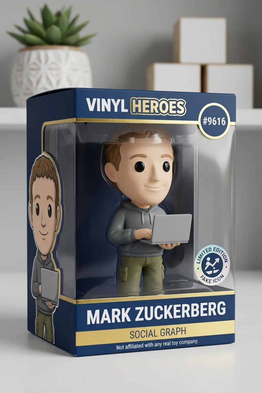 Mark Zuckerberg face transformed into a parody vinyl figure retail box with blue packaging, laptop prop, front window, and side character art