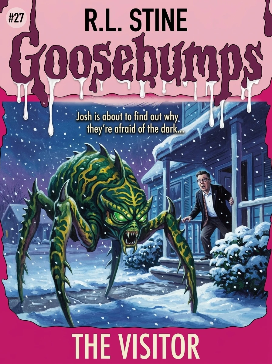 Goosebumps book cover example — pink header panel, magenta dripping GOOSEBUMPS wordmark, black R.L. Stine byline