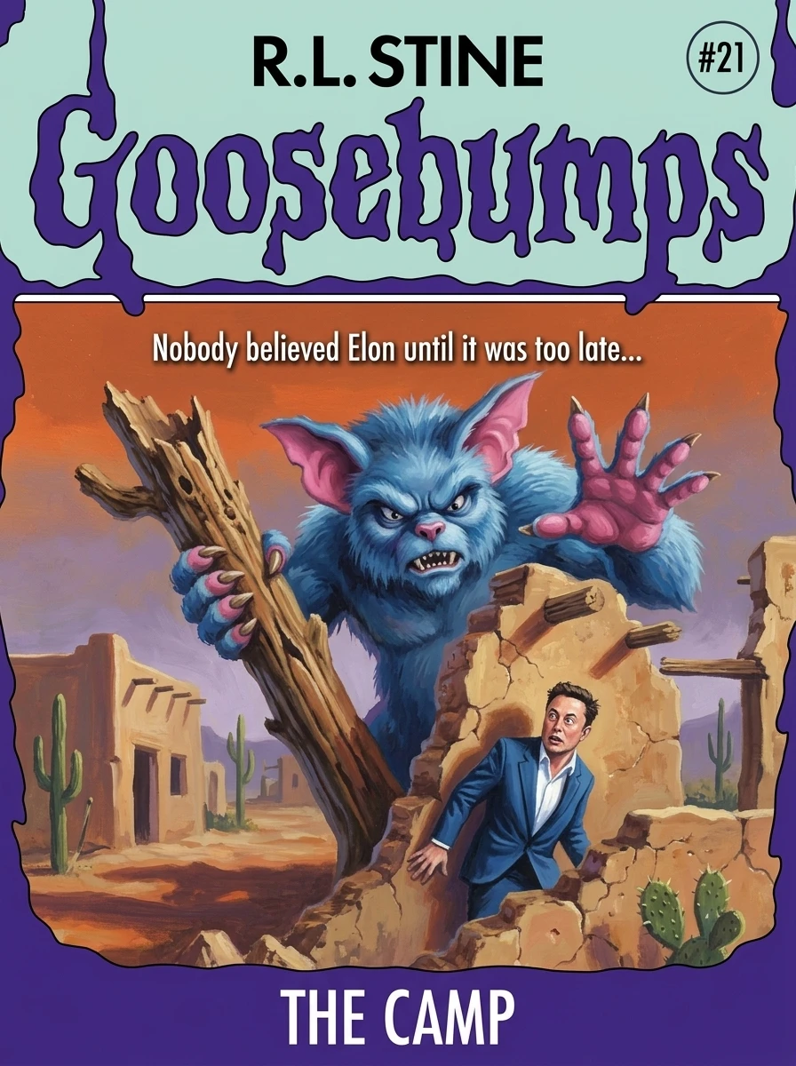 Goosebumps cover generator result — person reacting to a large monster in a foggy painted paperback scene