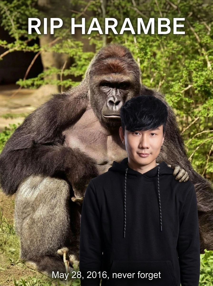 RIP Harambe tribute photo example with an uploaded portrait standing beside Harambe