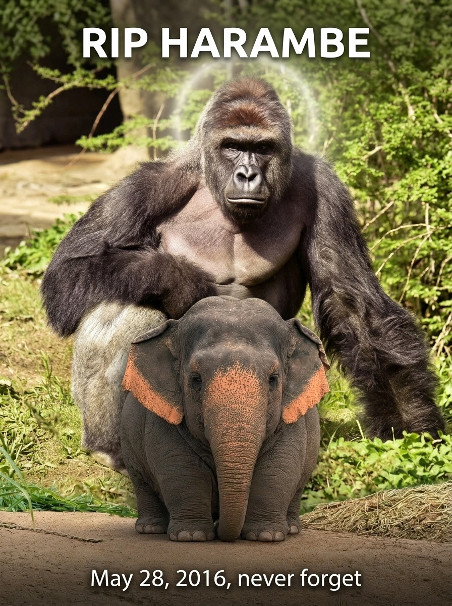 RIP Harambe photo-op example with an uploaded elephant in front of Harambe