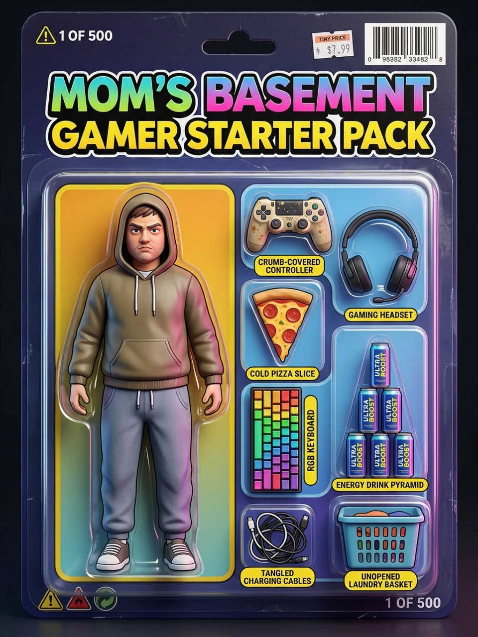 Mom's Basement Gamer starter-pack figure in blister packaging with gaming accessories