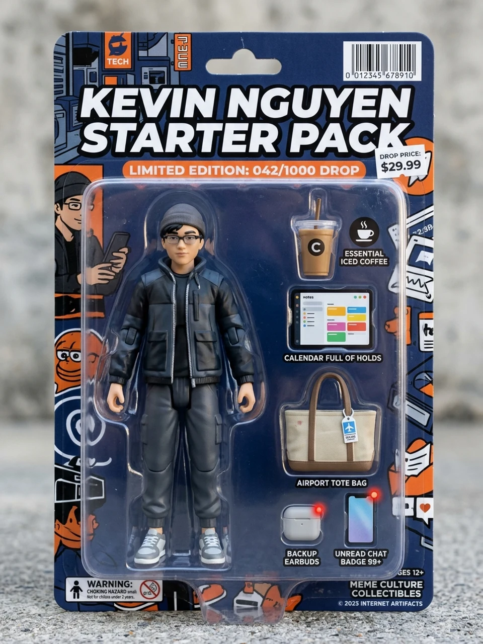 Kevin Nguyen starter-pack figure in blister packaging with office and travel accessories