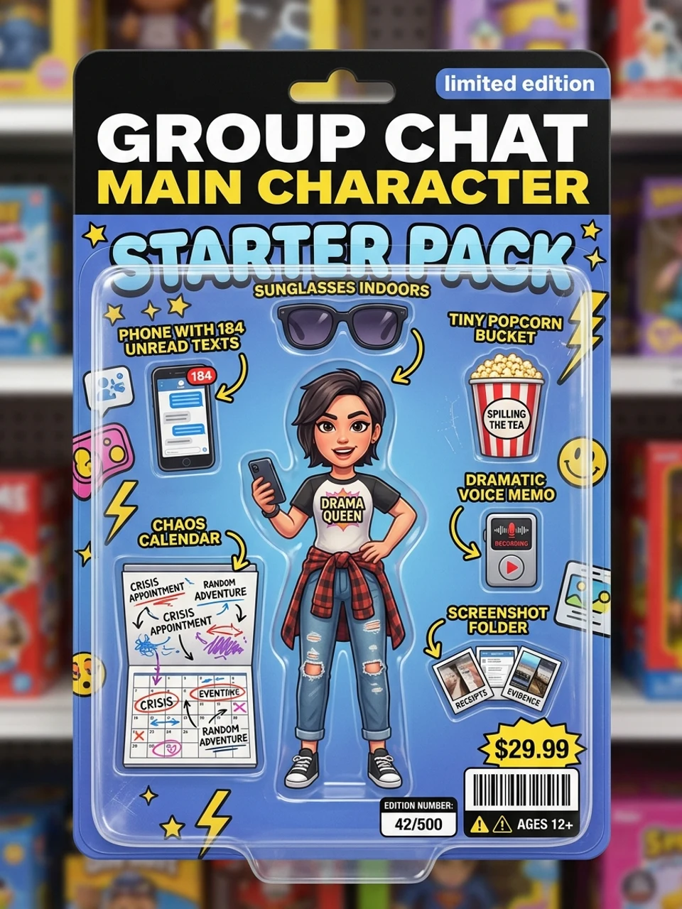 Group Chat Main Character starter-pack figure in blister packaging with phone and chaos accessories