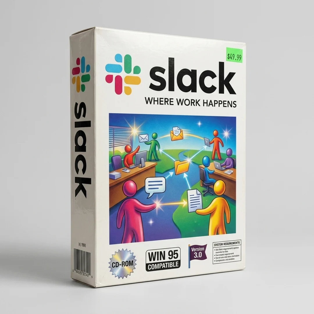 Slack reimagined as a 1990s CD-ROM big box, a tall shrink-wrapped PC software carton using the Slack icon and wordmark lockup as the title, with a “Where Work Happens” tagline, CD-ROM starburst, compatibility badge, and barcode