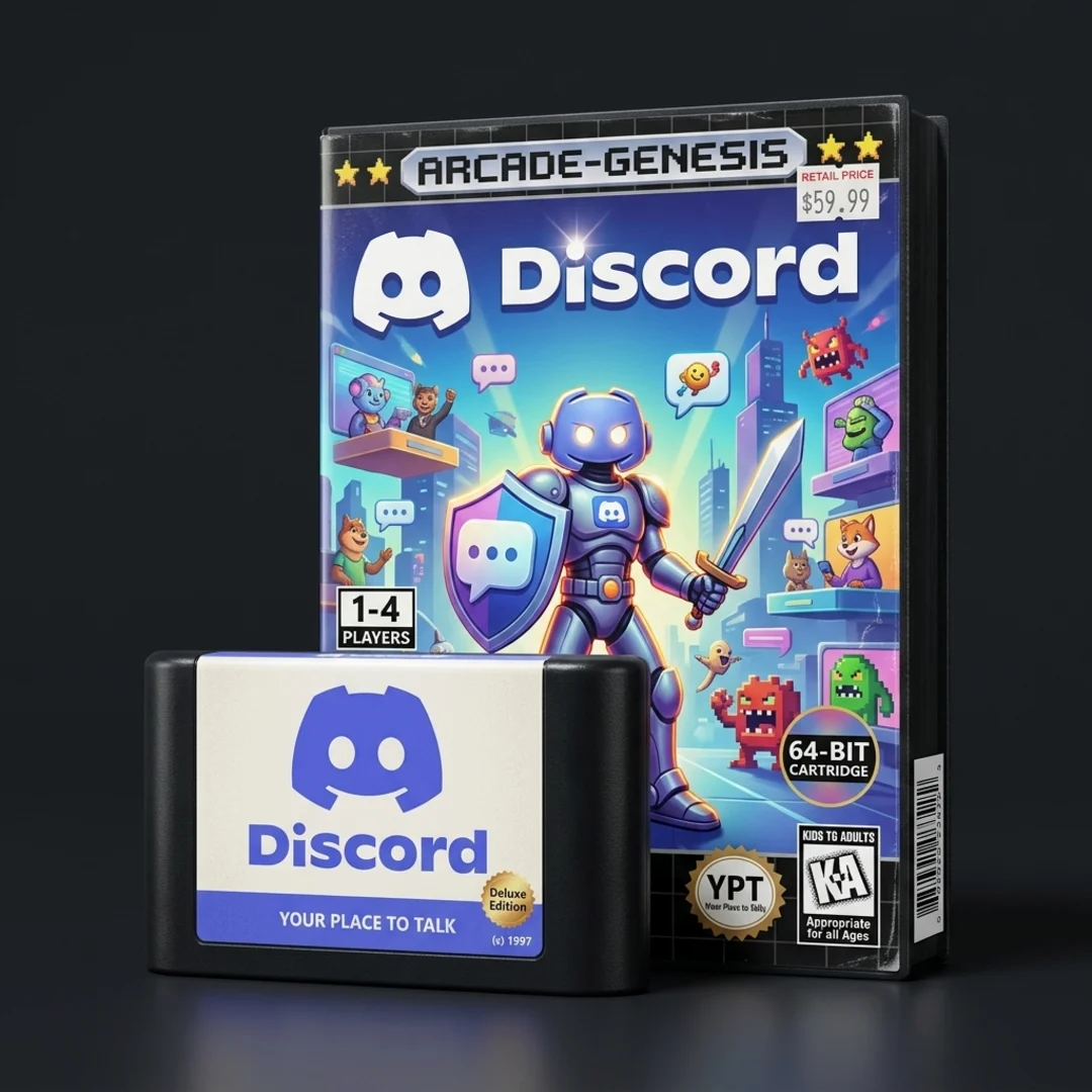 Discord reimagined as a retro video game, a chunky 90s console cartridge beside its airbrushed cardboard game box, using the Discord icon and wordmark lockup as the title with a “Your Place to Talk” tagline