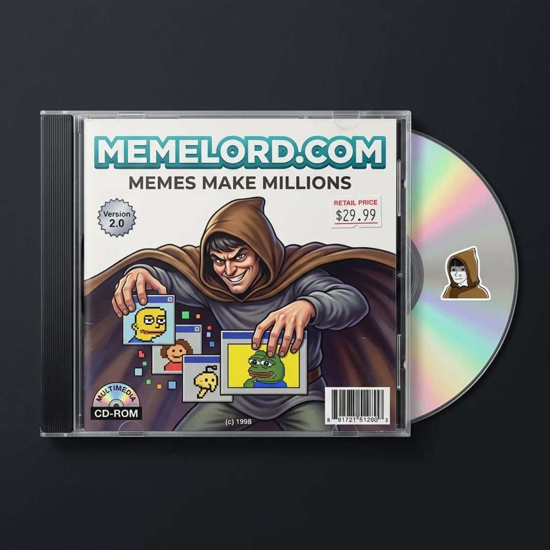 Memelord.com reimagined as a 1990s jewel-case CD, a clear plastic CD case using the Memelord.com wordmark as the title, the Memelord wojak mascot as cover and disc art, a “Memes Make Millions” tagline, and an iridescent silver disc