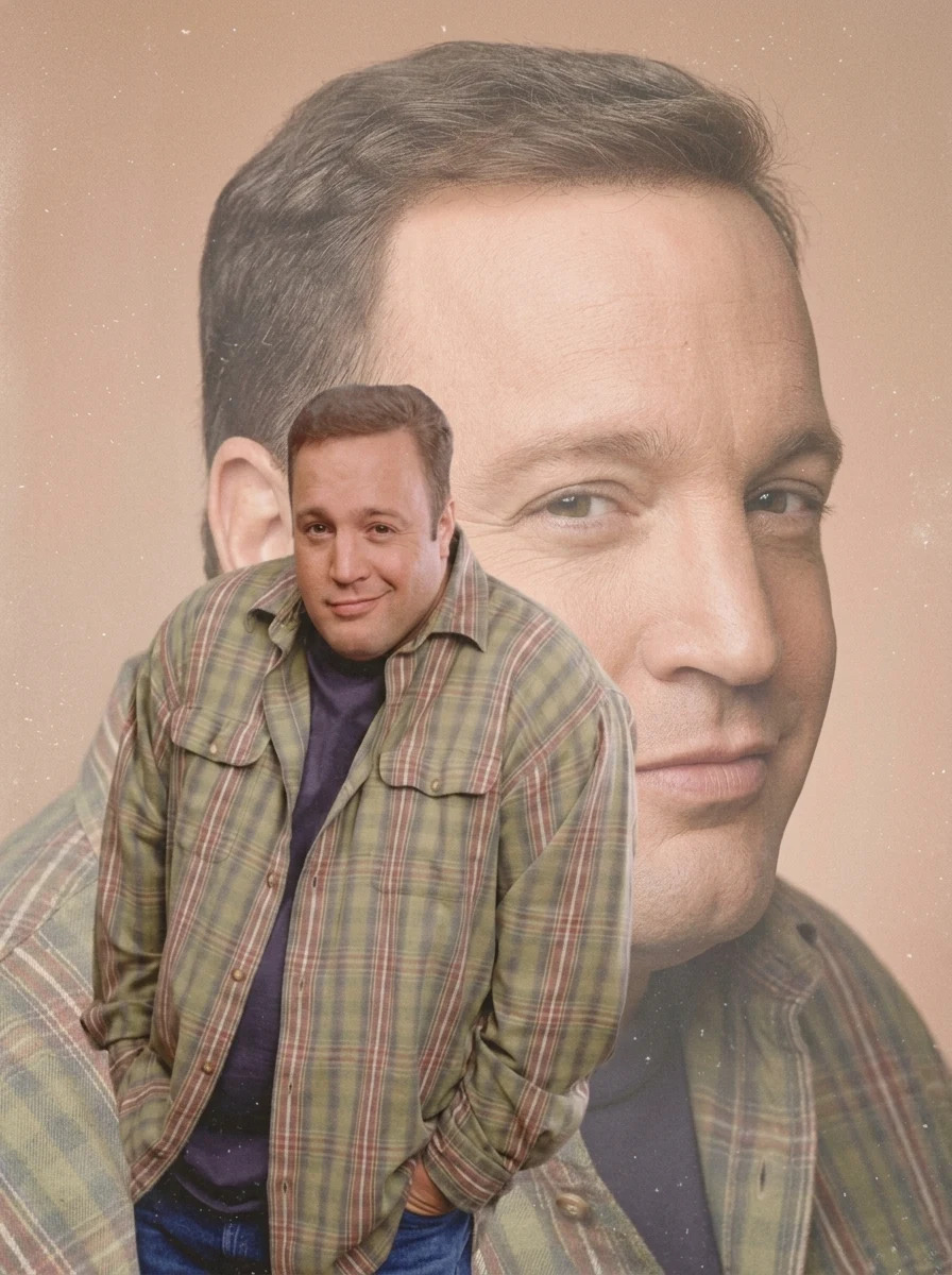 Analog studio portrait composite with a ghosted oversized subject overlay