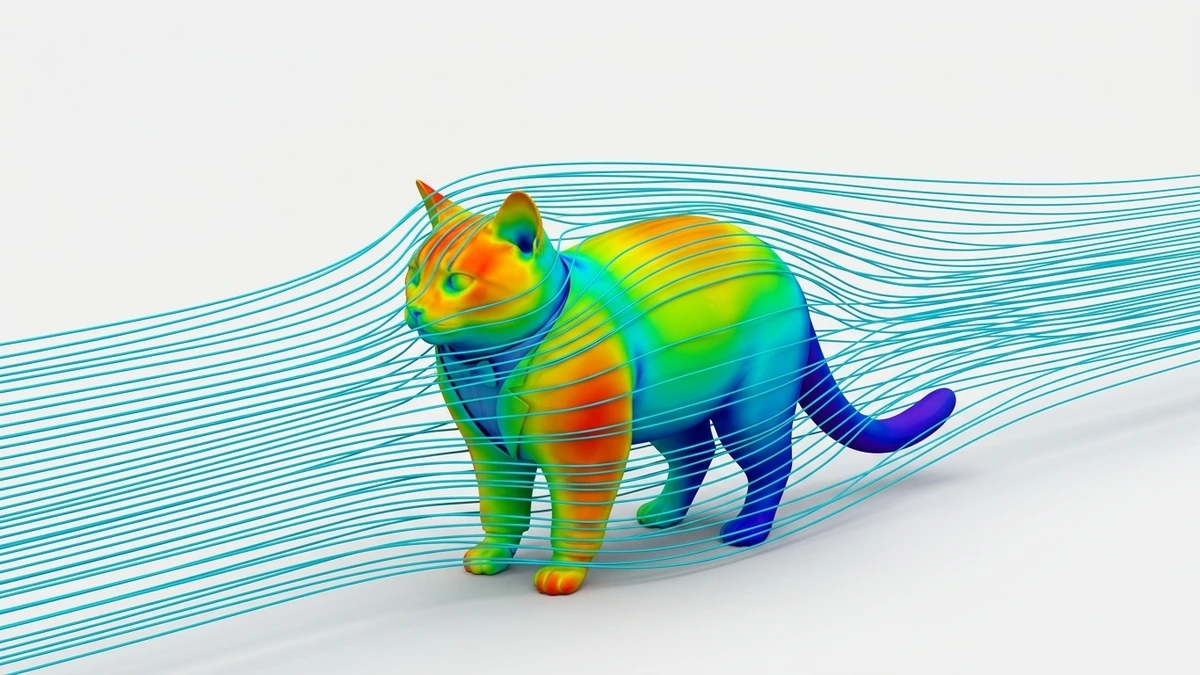 Cat rendered as a wind tunnel heatmap with rainbow pressure colors and cyan streamlines