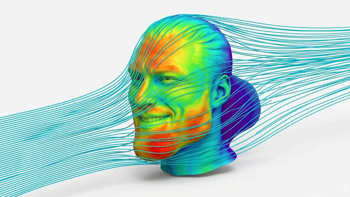 Gigachad meme rendered as a wind tunnel heatmap with rainbow pressure colors and cyan streamlines