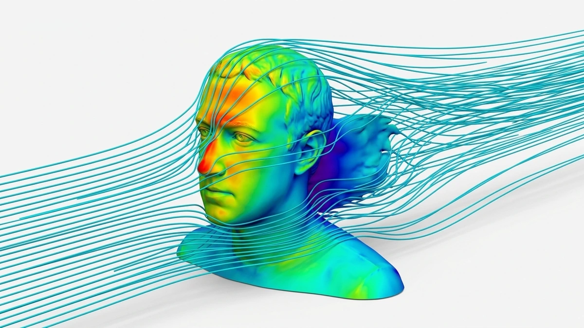 Mark Zuckerberg rendered as a wind tunnel heatmap with rainbow pressure colors and cyan streamlines